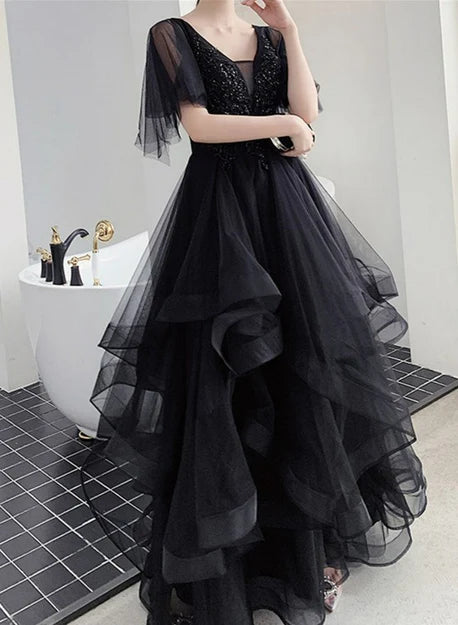 Charming Black Prom Dress V Neck Long Formal Dresses Black Layers Long Evening Dresses Wholesale