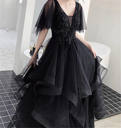 Charming Black Prom Dress V Neck Long Formal Dresses Black Layers Long Evening Dresses Wholesale