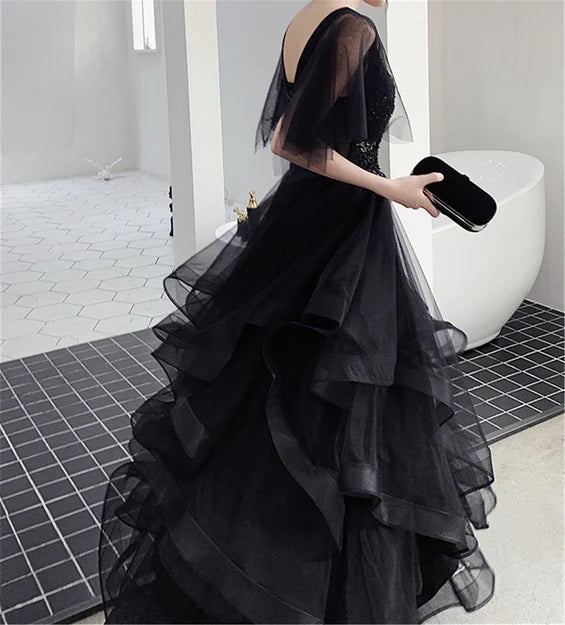 Charming Black Prom Dress V Neck Long Formal Dresses Black Layers Long Evening Dresses Wholesale