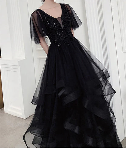 Charming Black Prom Dress V Neck Long Formal Dresses Black Layers Long Evening Dresses Wholesale