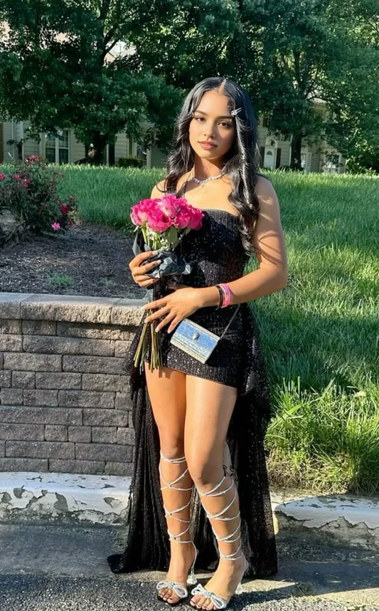 Aimishang Charming Black Sheath Sequin Homecoming Dresses Sleeveless Prom Dress Sparkly Birthday Party Dress
