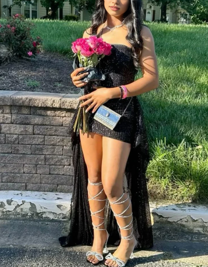 Aimishang Charming Black Sheath Sequin Homecoming Dresses Sleeveless Prom Dress Sparkly Birthday Party Dress