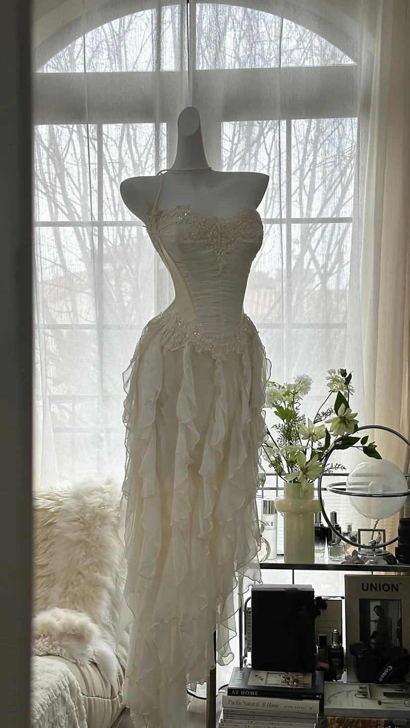 Aimishang Charming Exquisite Beaded Backless Long Chiffon Ruffle Homecoming Dress Elegant Prom Dress Evening Dress Romantic Birthday Holiday Party Dress