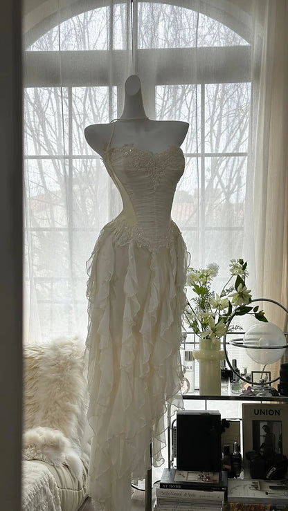 Aimishang Charming Exquisite Beaded Backless Long Chiffon Ruffle Homecoming Dress Elegant Prom Dress Evening Dress Romantic Birthday Holiday Party Dress