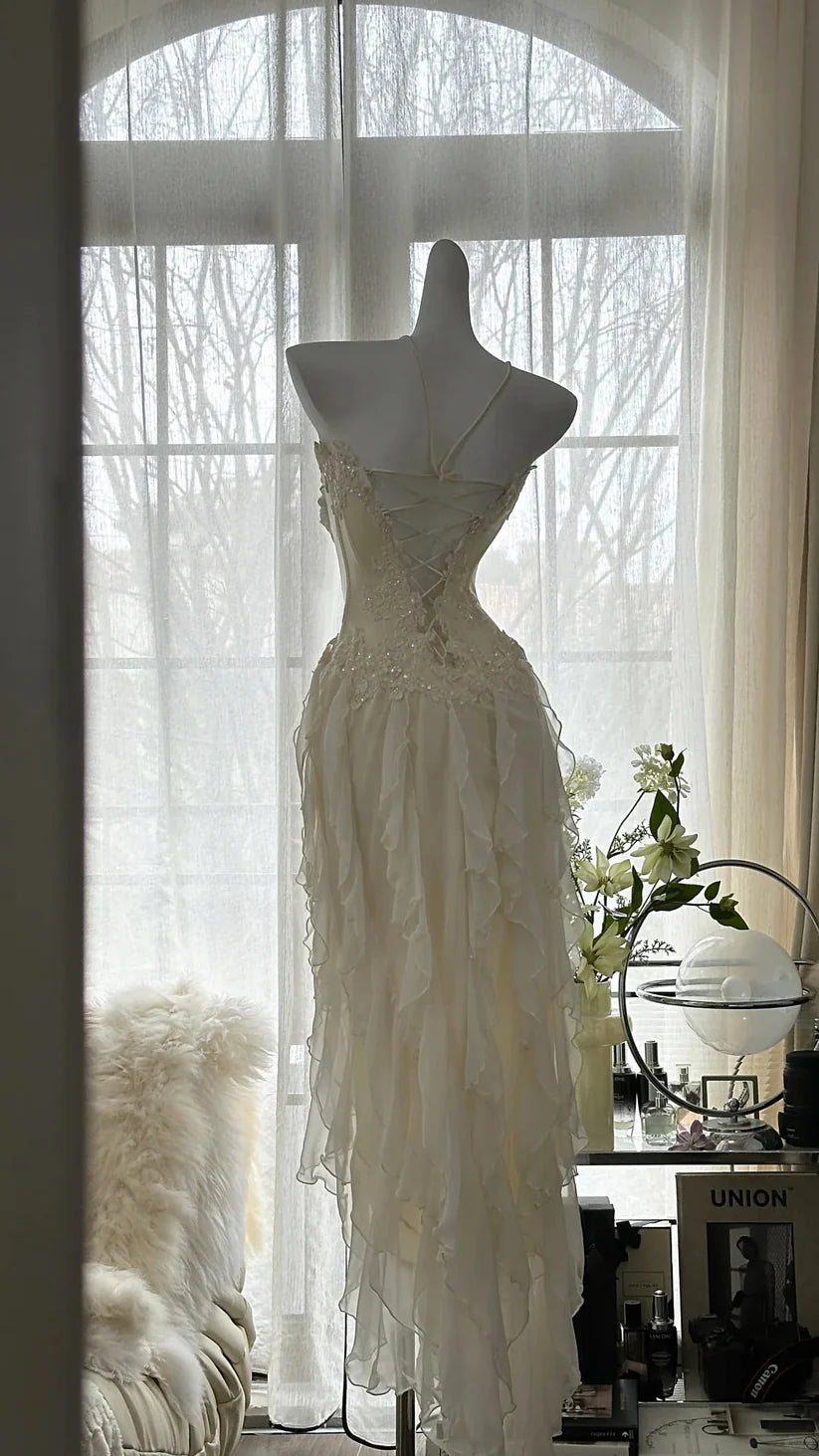 Aimishang Charming Exquisite Beaded Backless Long Chiffon Ruffle Homecoming Dress Elegant Prom Dress Evening Dress Romantic Birthday Holiday Party Dress