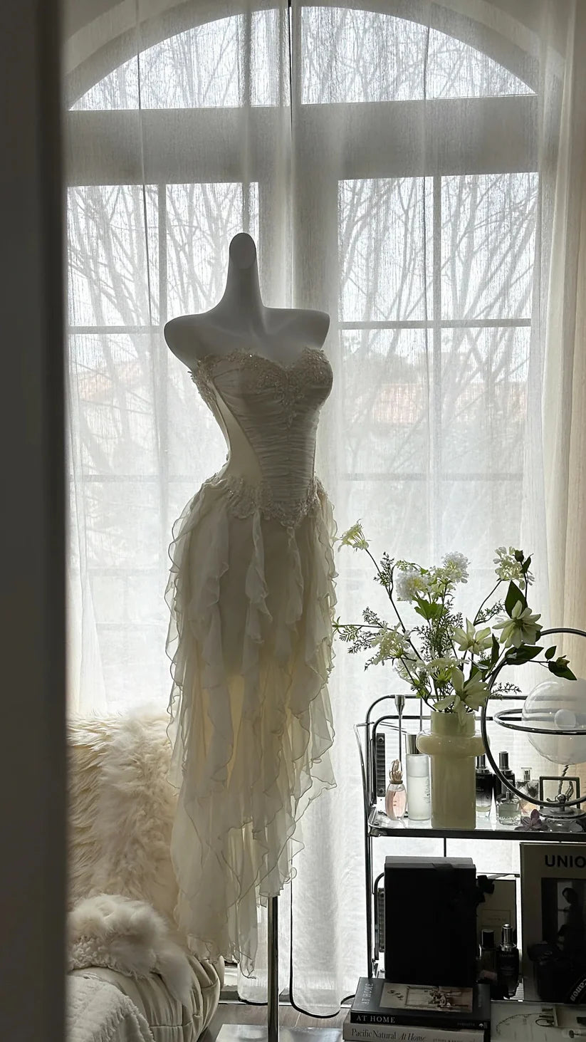 Aimishang Charming Exquisite Beaded Backless Long Chiffon Ruffle Homecoming Dress Elegant Prom Dress Evening Dress Romantic Birthday Holiday Party Dress