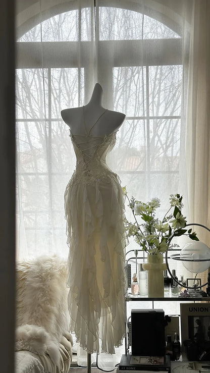 Aimishang Charming Exquisite Beaded Backless Long Chiffon Ruffle Homecoming Dress Elegant Prom Dress Evening Dress Romantic Birthday Holiday Party Dress