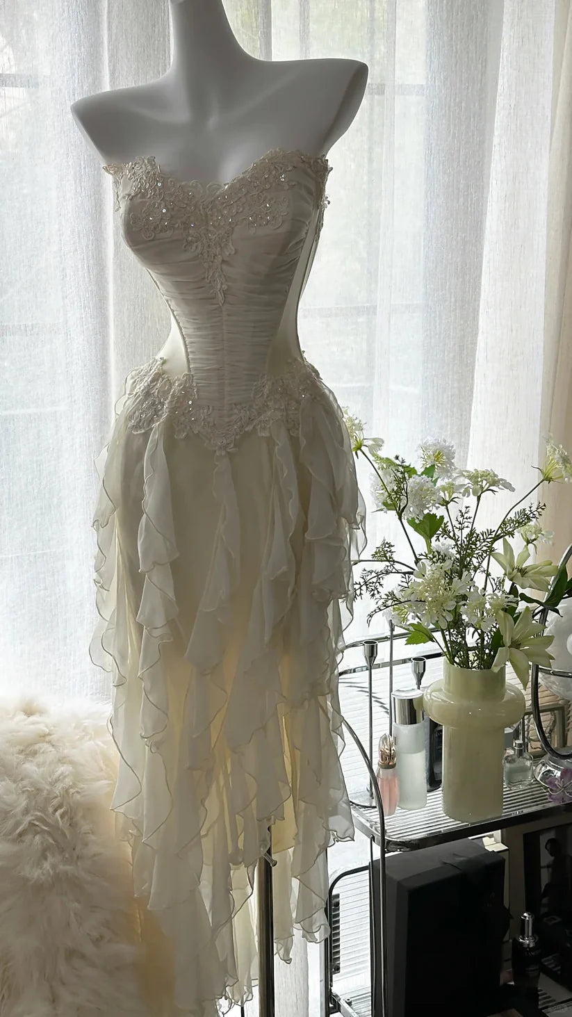Aimishang Charming Exquisite Beaded Backless Long Chiffon Ruffle Homecoming Dress Elegant Prom Dress Evening Dress Romantic Birthday Holiday Party Dress
