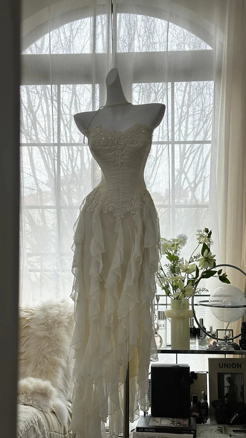 Aimishang Charming Exquisite Beaded Backless Long Chiffon Ruffle Homecoming Dress Elegant Prom Dress Evening Dress Romantic Birthday Holiday Party Dress