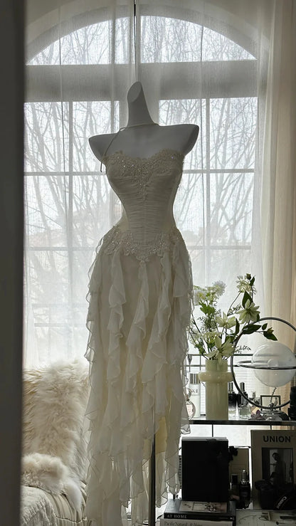 Aimishang Charming Exquisite Beaded Backless Long Chiffon Ruffle Homecoming Dress Elegant Prom Dress Evening Dress Romantic Birthday Holiday Party Dress