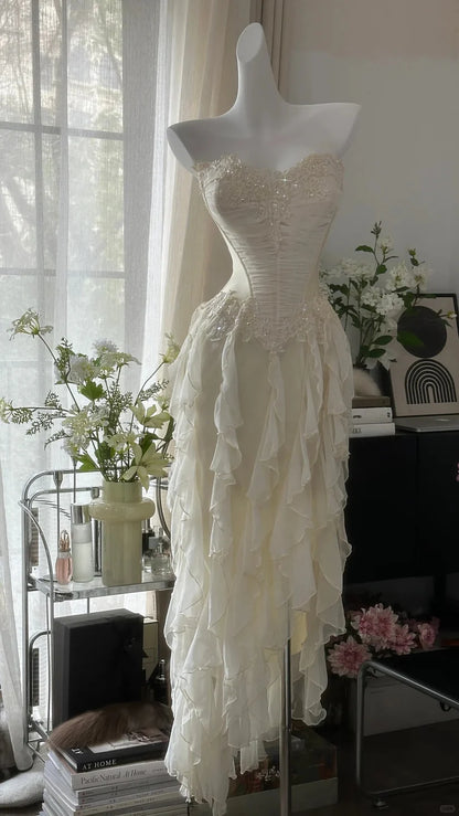 Aimishang Charming Exquisite Beaded Backless Long Chiffon Ruffle Homecoming Dress Elegant Prom Dress Evening Dress Romantic Birthday Holiday Party Dress