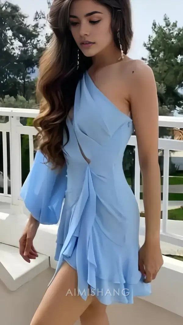 Aimishang Charming Light Blue A Line One Sleeve Homecoming Dress Sexy Birthday Party Dress Short Summer Holiday Mini Dress