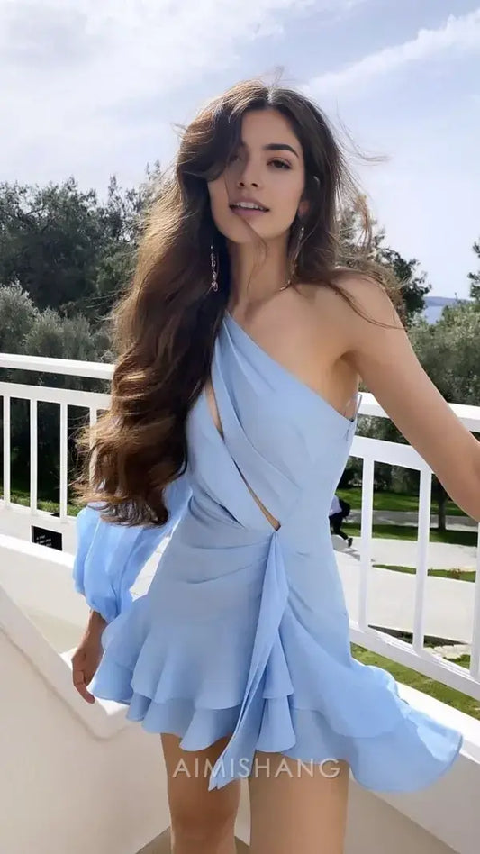 Aimishang Charming Light Blue A Line One Sleeve Homecoming Dress Sexy Birthday Party Dress Short Summer Holiday Mini Dress