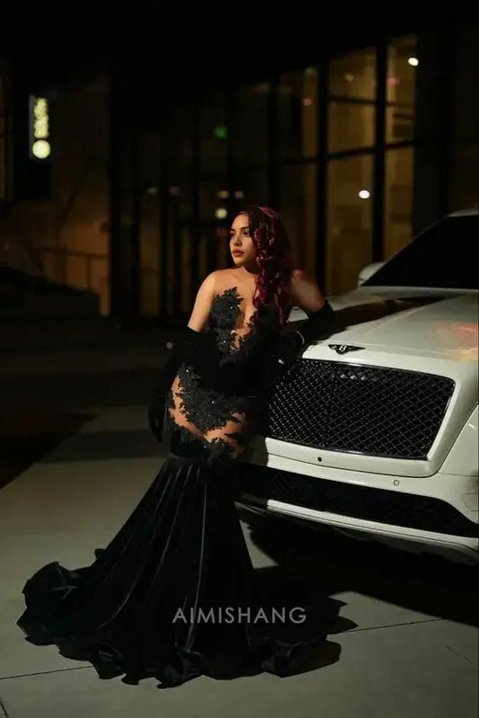 Aimishang Mermaid Black Sleeveless Long Formal Prom Dress with Appliques Sexy Party Evening Gowns Charming Graduation Dress No With Gloves