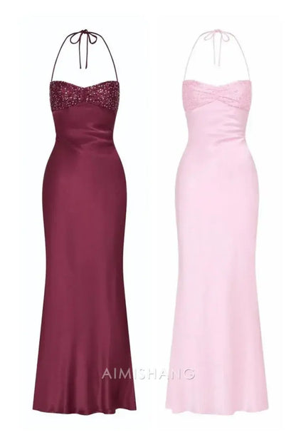 Aimishang Charming Sheath Halter Sleeveless Satin Long Formal Prom Dresses Elegant Graduation Dress Chic Party Evening Gowns