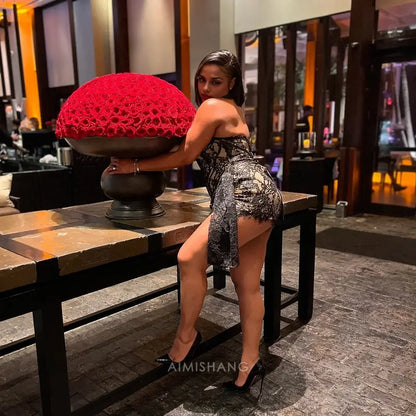 Aimishang Charming Sheath Strapless Sleeveless Homecoming Dress Sexy Birthday Party Dress Fashion Short Black Girl Prom Dress