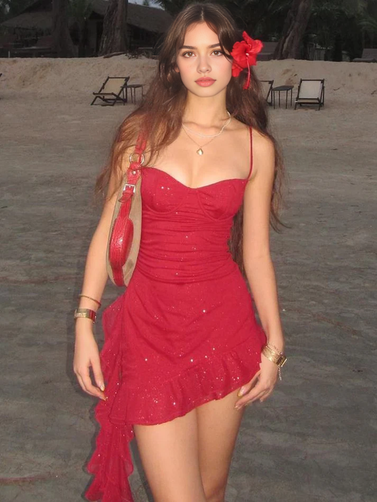 Aimishang Charming Spaghetti Straps Ruffles Short Homecoming Dress Lovely Birthday Party Dress Sexy Vacation Beach Dress
