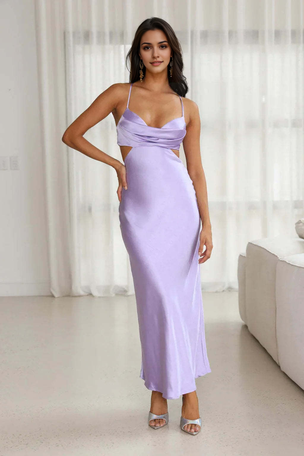 Aimishang Charming Spaghetti Straps Satin Long Prom Dress Simple Evening Party Dress Elegant Vacation Dress