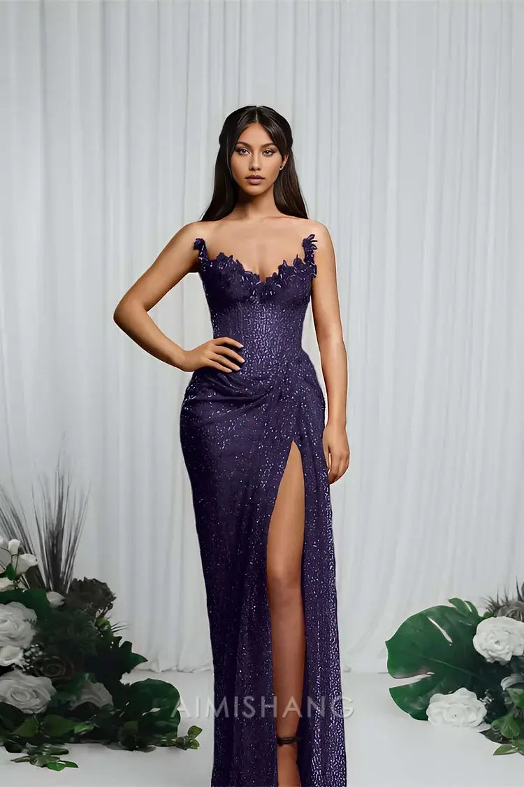 Aimishang Charming Strapless Sleeveless Long Prom Dress With Split Sparkly Evening Party Dress