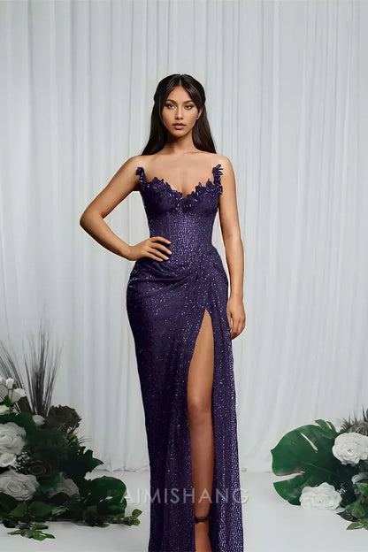 Aimishang Charming Strapless Sleeveless Long Prom Dress With Split Sparkly Evening Party Dress