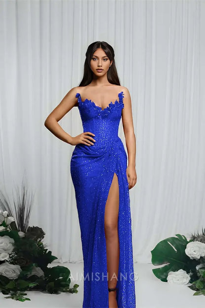 Aimishang Charming Strapless Sleeveless Long Prom Dress With Split Sparkly Evening Party Dress