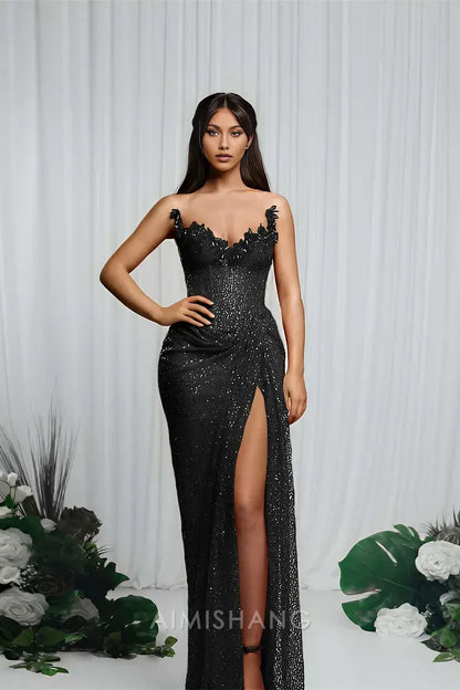 Aimishang Charming Strapless Sleeveless Long Prom Dress With Split Sparkly Evening Party Dress