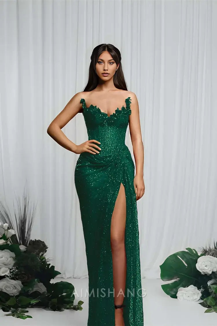 Aimishang Charming Strapless Sleeveless Long Prom Dress With Split Sparkly Evening Party Dress