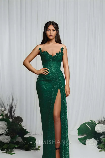Aimishang Charming Strapless Sleeveless Long Prom Dress With Split Sparkly Evening Party Dress