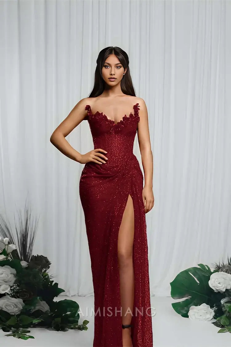 Aimishang Charming Strapless Sleeveless Long Prom Dress With Split Sparkly Evening Party Dress