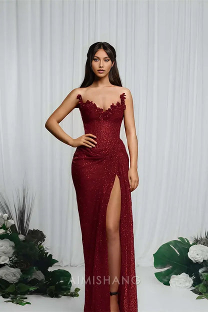 Aimishang Charming Strapless Sleeveless Long Prom Dress With Split Sparkly Evening Party Dress