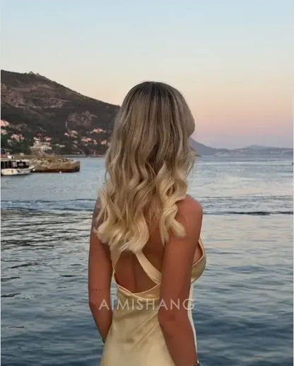 Aimishang Charming Yellow V-neck Sleeveless Long Prom Dress Elegant Evening Dress Simple Party Dress