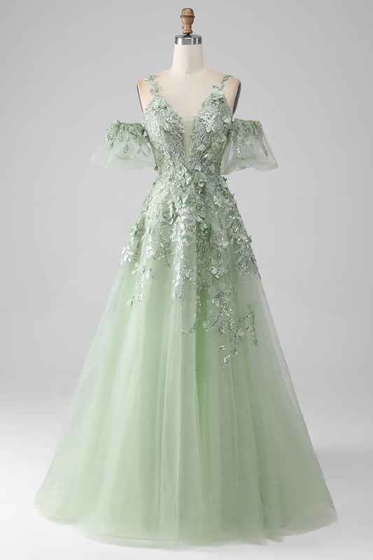 Aimishang Charming A-Line Appliqued Evening Dress Elegant Long Formal Prom Dress with Detachable Sleeves