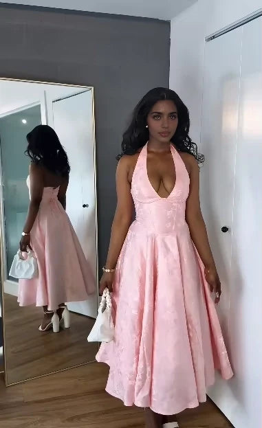 Aimishang Charming A-Line Halter V-Neck Sleeveless Jacquard Satin Prom Dress for Women's Party Gown