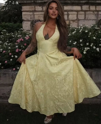Aimishang Charming A-Line Halter V-Neck Sleeveless Jacquard Satin Prom Dress for Women's Party Gown