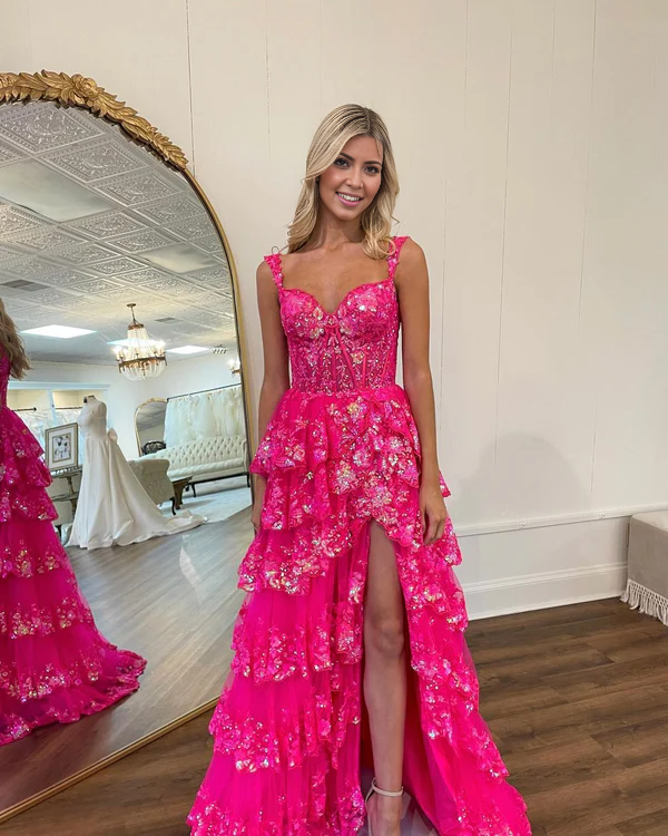 Aimishang Charming A-Line Long Prom Dress Lace Tiered Charming Evening Dress with Slit