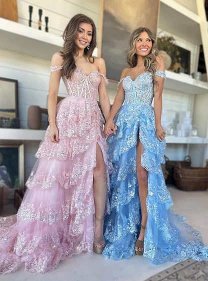Aimishang Charming A-Line Long Prom Dress Lace Tiered Charming Evening Dress with Slit