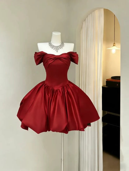Aimishang Charming A-Line Off-the-Shoulder Satin Short Length Homecoming Dress Cute Birthday Party Dress