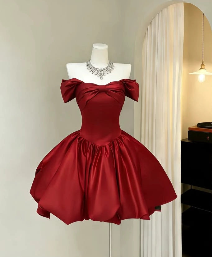Aimishang Charming A-Line Off-the-Shoulder Satin Short Length Homecoming Dress Cute Birthday Party Dress