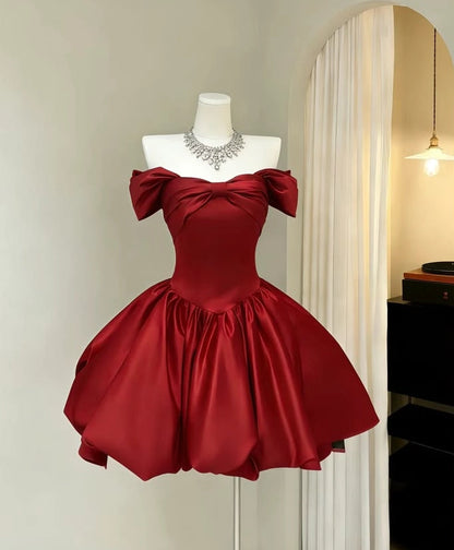 Aimishang Charming A-Line Off-the-Shoulder Satin Short Length Homecoming Dress Cute Birthday Party Dress