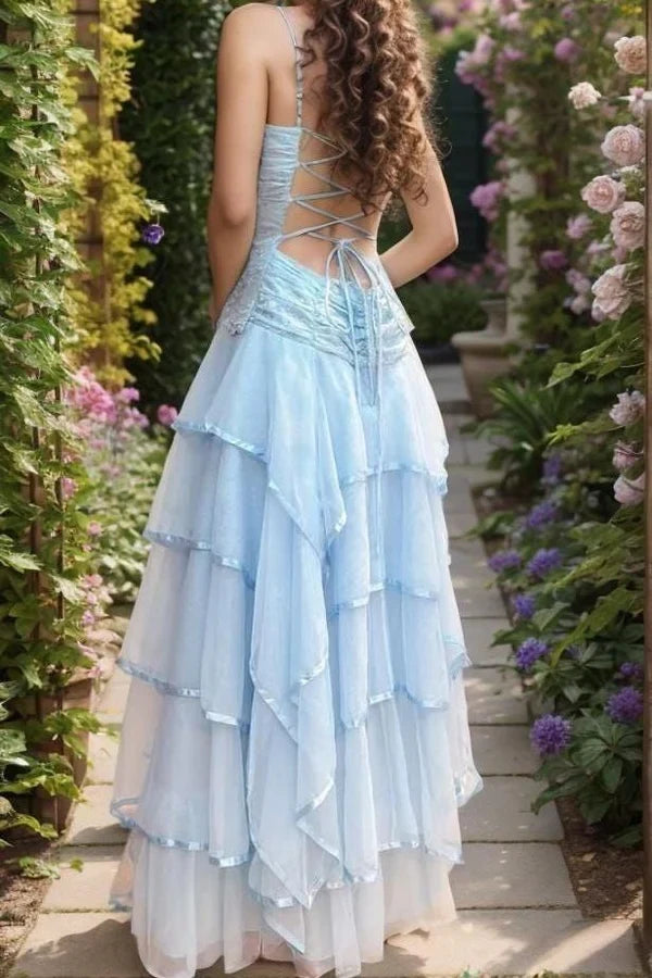 Charming A-Line Spaghetti Straps Sleeveless Ruched Lace Long Prom Dress