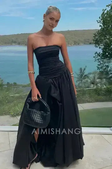 Aimishang Charming A-Line Strapless Pleated Long Prom Dress Elegant Evening Party Dress With Slit