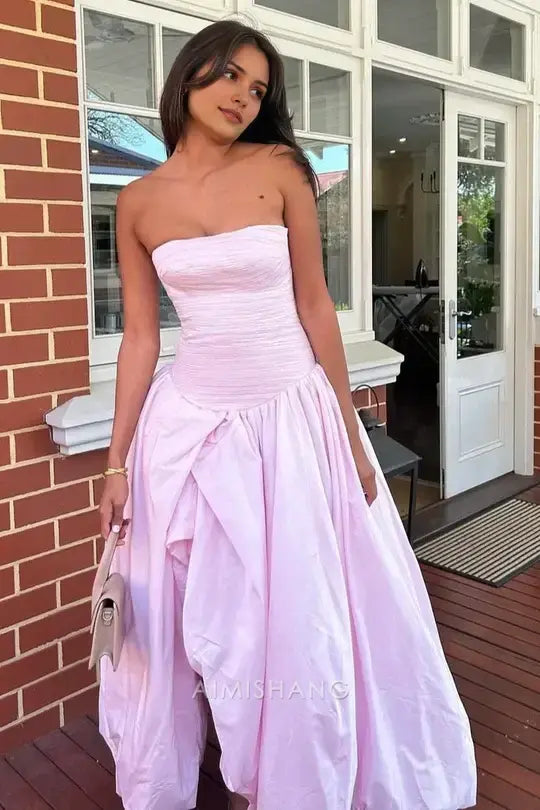 Aimishang Charming A-Line Strapless Pleated Long Prom Dress Elegant Evening Party Dress With Slit