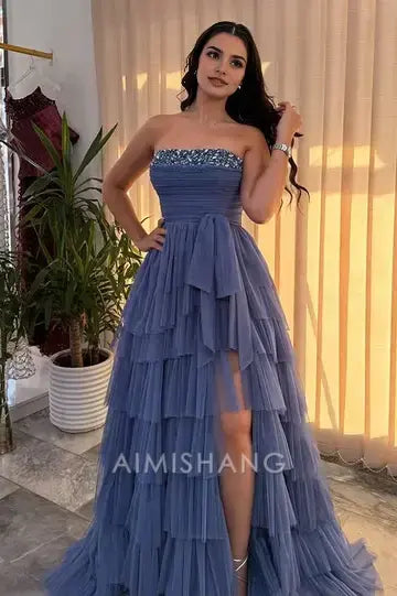 Aimishang Charming A-Line Strapless Sleeveless Beaded Tiered Long Formal Prom Dress Elegant Evening Gown Sexy Party Dress With Slit