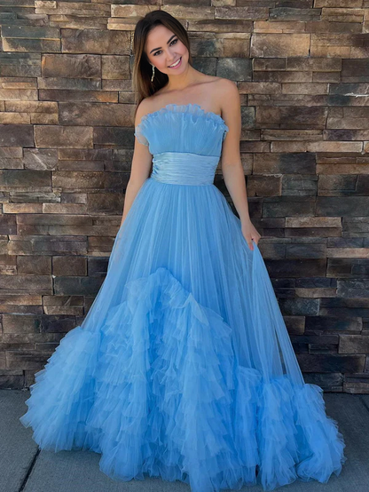 Aimishang Charming A-Line Strapless Sleeveless Evening Dress Tiered Tulle Long Prom Dress