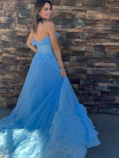 Aimishang Charming A-Line Strapless Sleeveless Evening Dress Tiered Tulle Long Prom Dress
