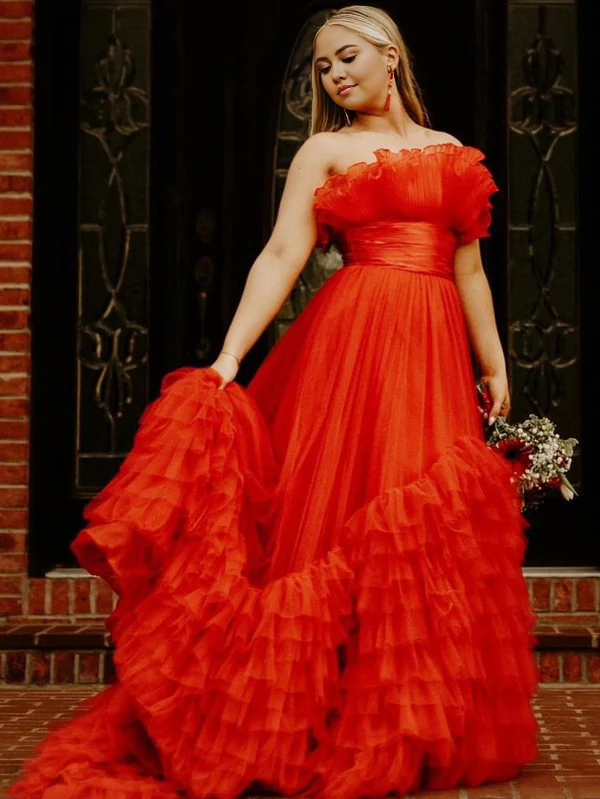 Aimishang Charming A-Line Strapless Sleeveless Evening Dress Tiered Tulle Long Prom Dress