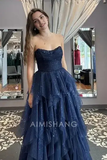 Aimishang Charming A-Line Strapless Sleeveless Long Formal Prom Dress Sparkly Evening Gown Sexy Party Dress