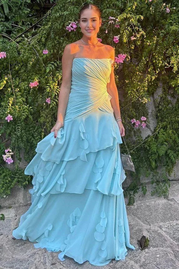 Charming A-Line Strapless Sleeveless Tiered Ruffle Chiffon Women's Party Prom Dress