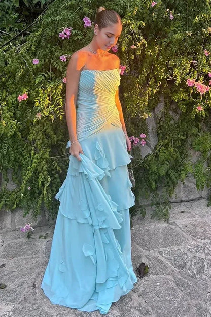 Charming A-Line Strapless Sleeveless Tiered Ruffle Chiffon Women's Party Prom Dress