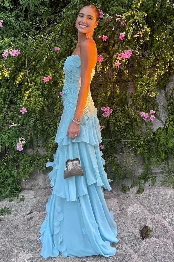 Charming A-Line Strapless Sleeveless Tiered Ruffle Chiffon Women's Party Prom Dress